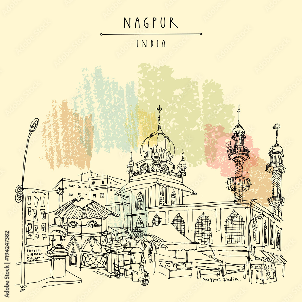 Nagpur, Maharashtra, India. Mosque, market and Muslim library. Travel sketch. Vintage hand drawn postcard