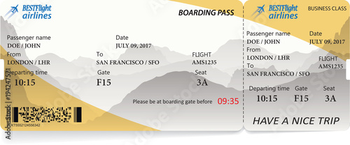 Airplane ticket boarding pass. Yellow flight coupon isolated on white background. Vector illustration