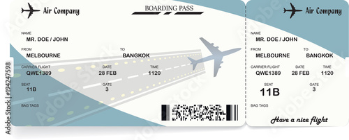 Illustration of airplane boarding pass. Blue flight coupon. Vector airline ticket.