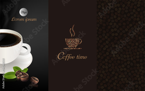 Cup of black coffee and coffee bean on brown background, flowing coffee brochure and copy space for text. vector illustration.