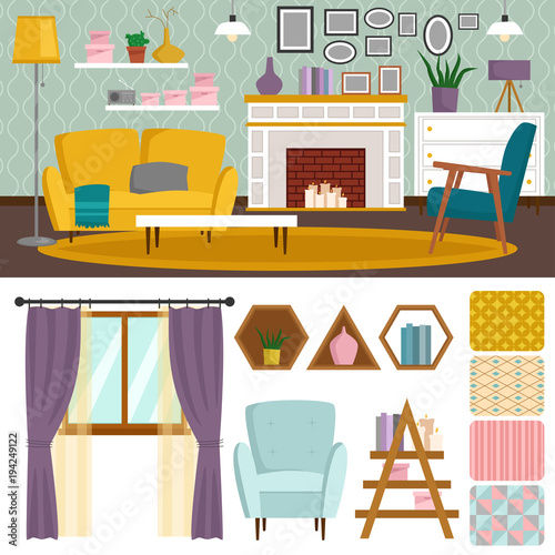 VIP vintage interior furniture rich wealthy house room with sofa set brick wall background vector illustration.