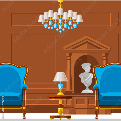 VIP vintage interior furniture rich wealthy house room with sofa set brick wall background vector illustration.