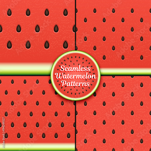 Set of seamless watermelon patterns. Surface textures of watermelon pulp with seeds