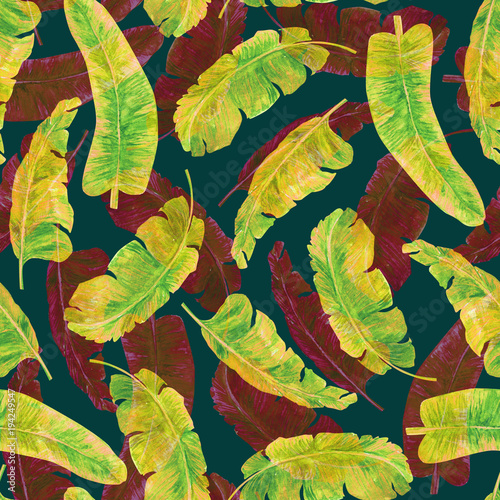 Yellow and red sweet bananas leaves, seamless pattern on dark green background