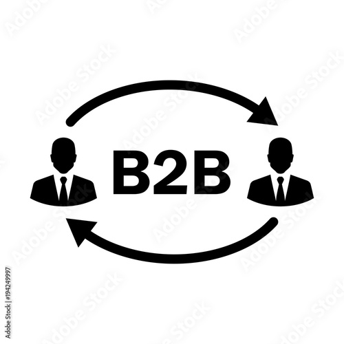 Icono plano texto B2B con hombres y flechas girando en color negro