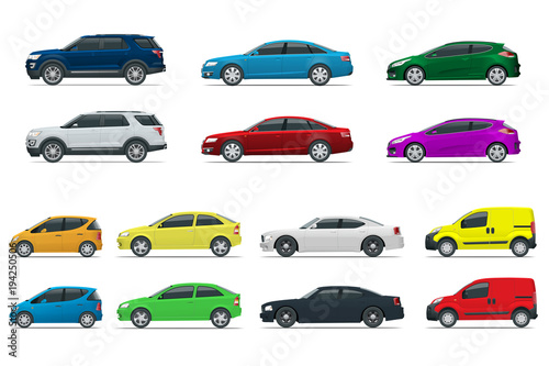 Flat high quality city transport car icon set. Sedan, van, cargo truck, off-road. Urban public and freight transport for for infographics, game Cars