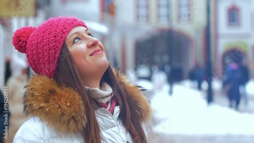 Young woman smile face in winter city photo