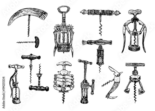 Big set of corkscrew. Vector hand drawn sketch of corkscrew set. Corkscrew on a white background. Illustration, sketch in ink hand drawn style