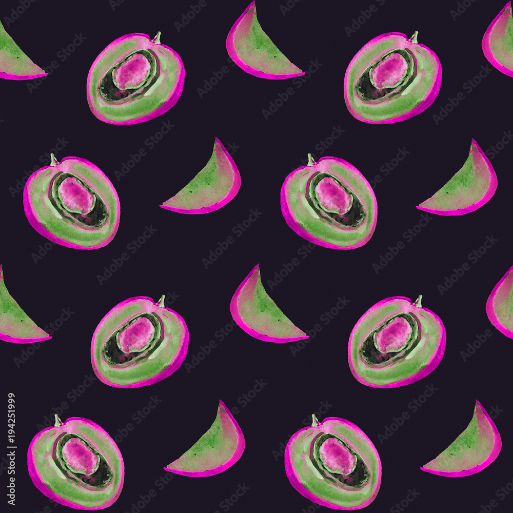 Mango cut slices, seamless pattern design in green and purple color palette, hand painted