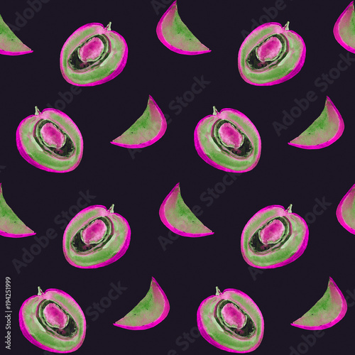 Mango cut slices, seamless pattern design in green and purple color palette, hand painted watercolor illustration, dark background