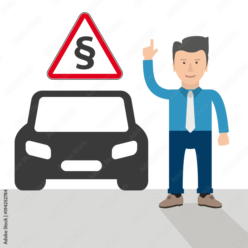 Geschäftsmann Cartoon mit einem Auto, Warndreieck und Paragrafen Geschäftsmann Cartoon mit einem Auto, Warndreieck und Paragrafen