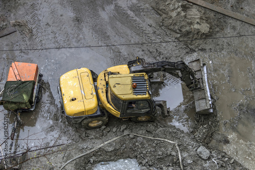 Belgrade, Serbia - A view from the height of a wheel loader preparing ground for the construction site