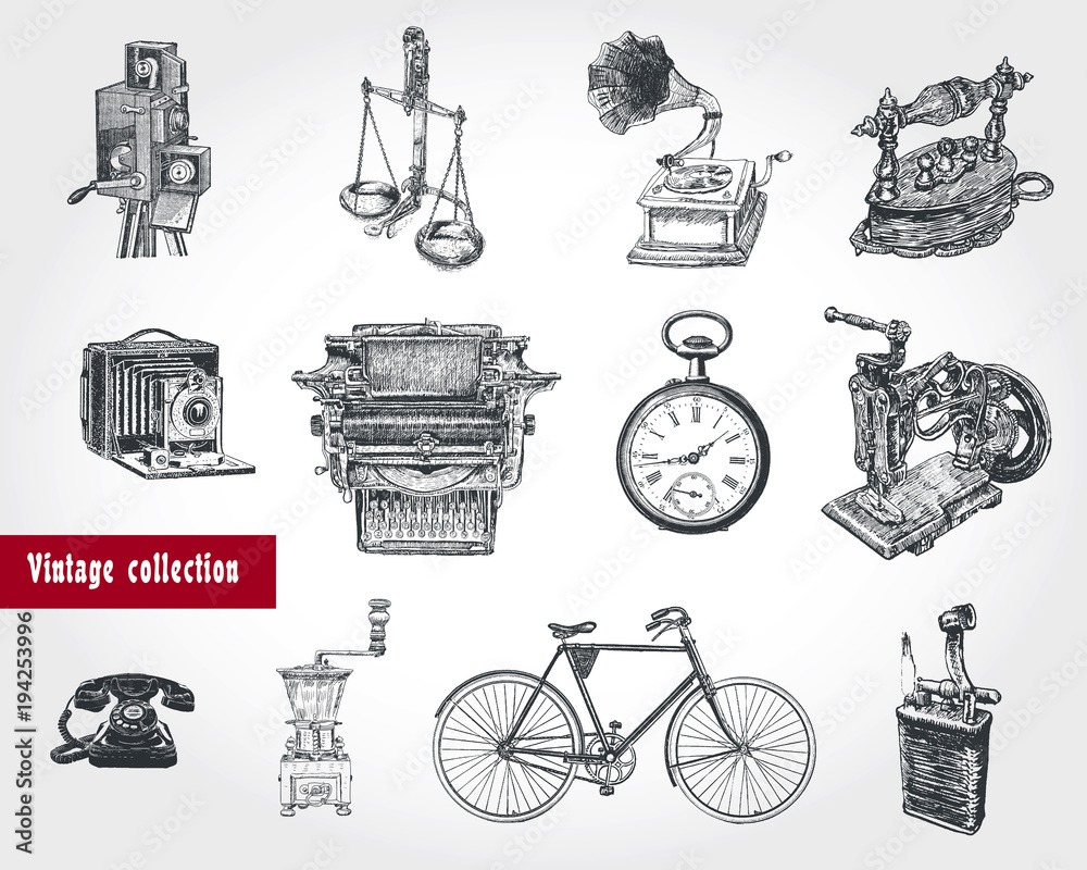 Retro style set. Movie camera, typewriter, gramophone,  scales, hours, grinder, telephone set, bicycle, old iron, sewing machine, lighter. Ancient objects. Vintage Illustration in engraving style