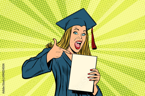 Female graduate points a finger at
