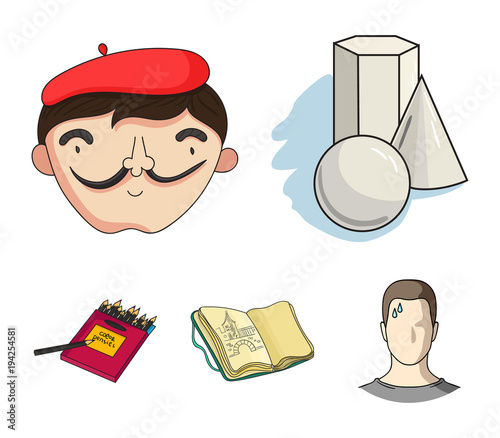 Geometric still life, a self-portrait of the artist, a notebook with drawings, a box of colored pencils.Artist and drawing set collection icons in cartoon style vector symbol stock illustration web.