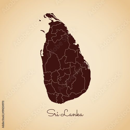 Sri Lanka region map: retro style brown outline on old paper background. Detailed map of Sri Lanka regions. Vector illustration.