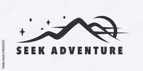 Seek Adventure inspirational wilderness travel message. Mountain and sunset with night stars landscape icon. Vector illustration.