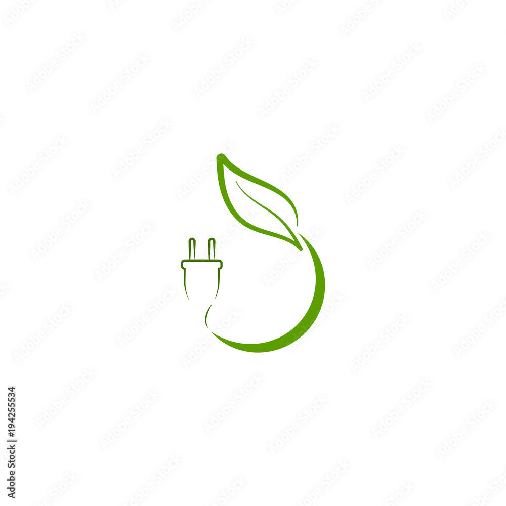 Green eco energy logo with leaf and power plug Green eco energy logo with leaf and power plug