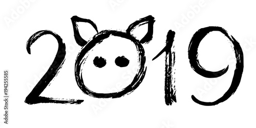 Hand drawn lettering greeting card with chinese brush calligraphy for 2019 Happy New Year. Grunge background. Vector illustration. Pig ears and snout photo