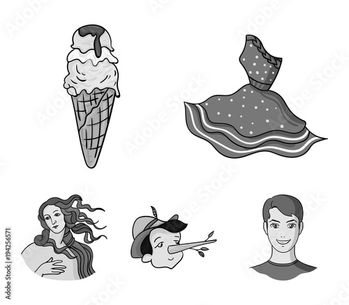 Italian dress, gelato, pinocchio, goddess of love. Italy set collection icons in monochrome style vector symbol stock illustration web.
