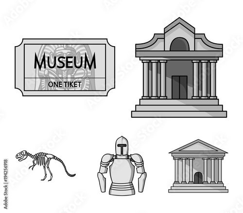 Picture, sarcophagus of the pharaoh, walkie-talkie, crown. Museum set collection icons in monochrome style vector symbol stock illustration web.