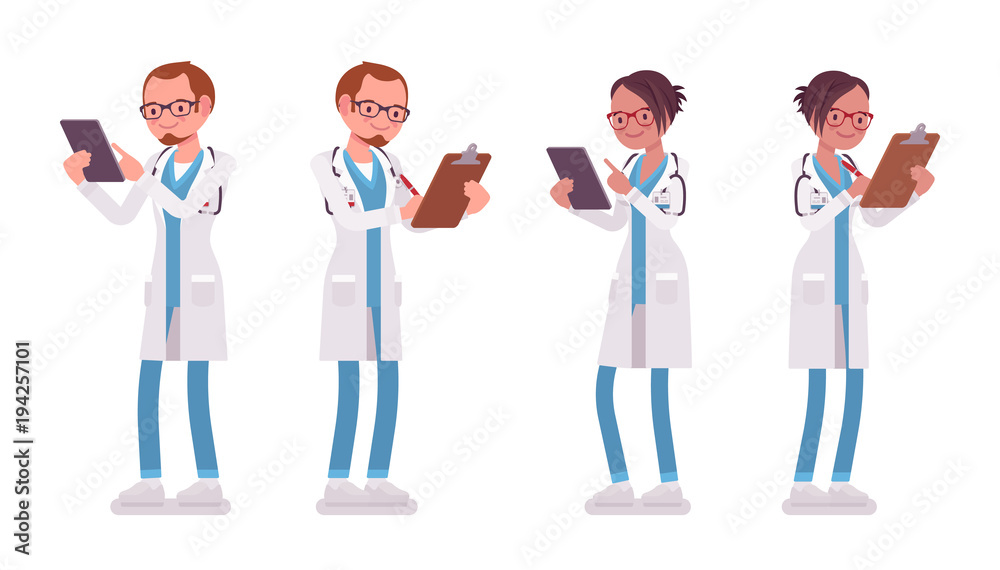 Male and female doctor standing with clipboard and tablet