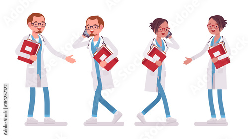 Male and female doctor with paper and phone.