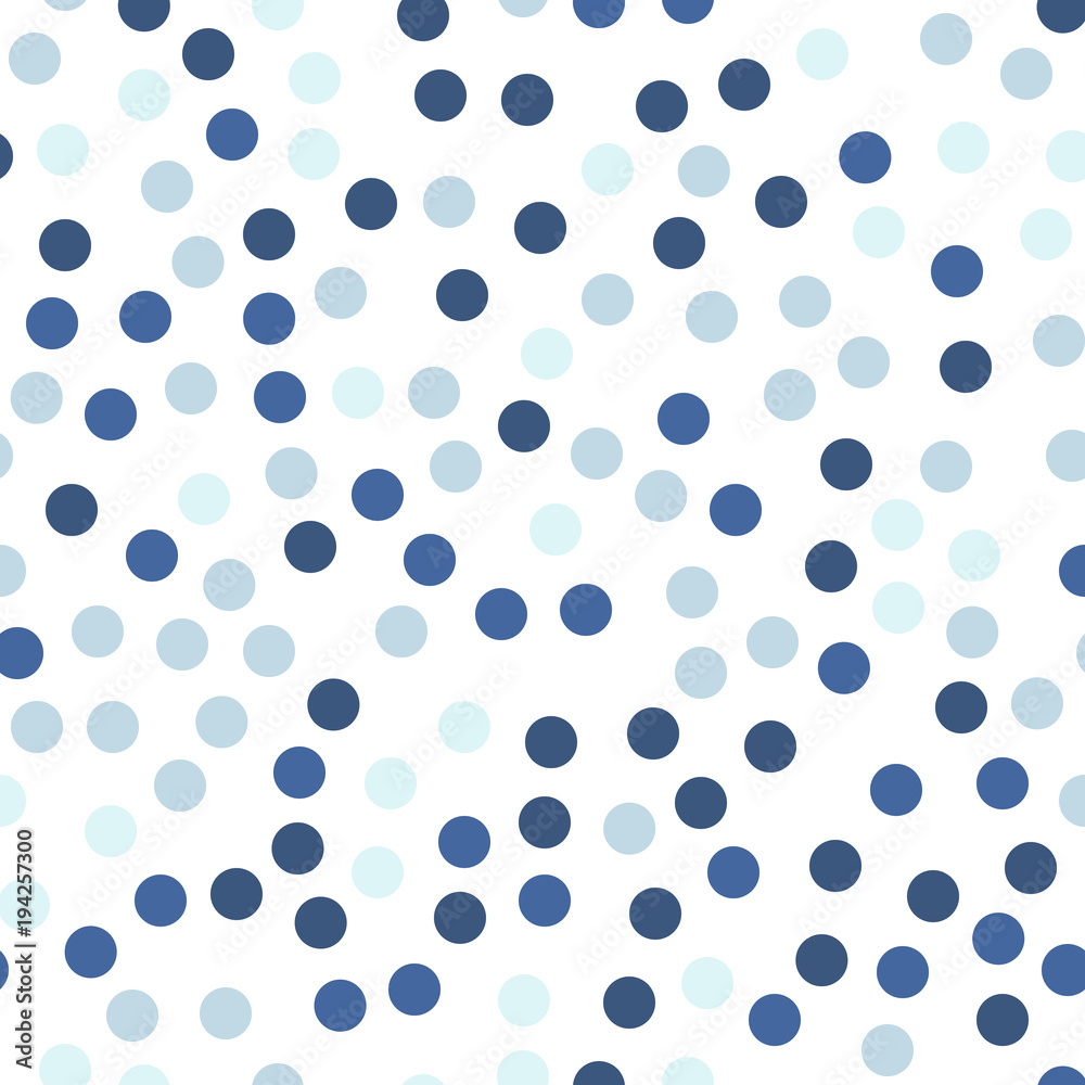 Colorful polka dots seamless pattern on white 23 background. Uncommon classic colorful polka dots textile pattern. Seamless scattered confetti fall chaotic decor. Abstract vector illustration.