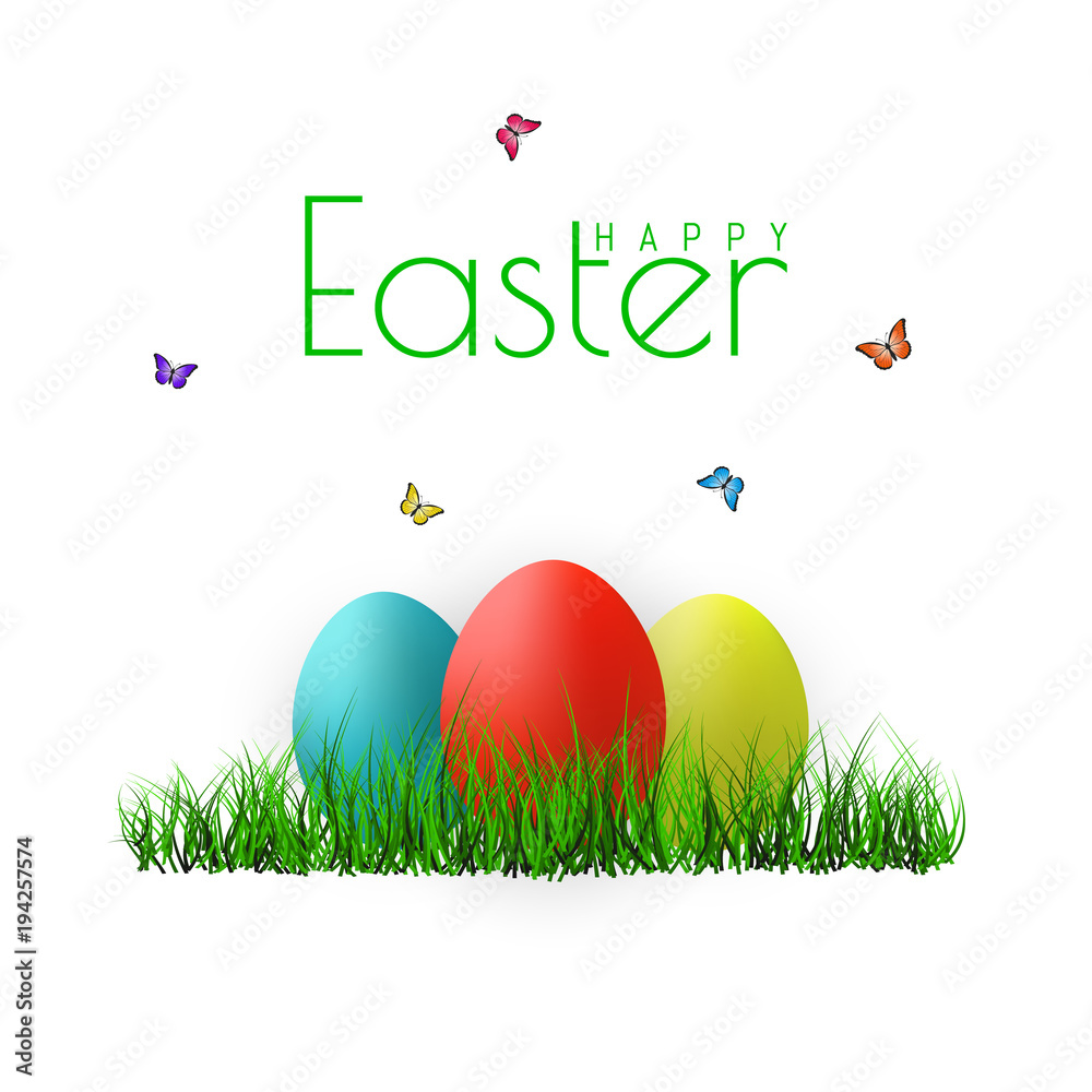 Vector Easter eggs with grass, butterfly and flowers isolated on a white background. Element for celebratory design