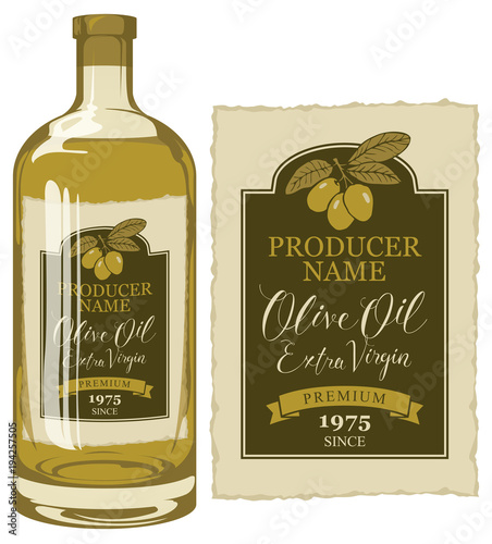 Vector label for extra virgin olive oil with handwritten calligraphic inscription and olive sprig with green olives in retro style. Template label on glass bottle