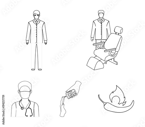 Doctor in a face mask, dentist, medical staff, a blood test for sugar. Medicineset collection icons in outline style vector symbol stock illustration web.