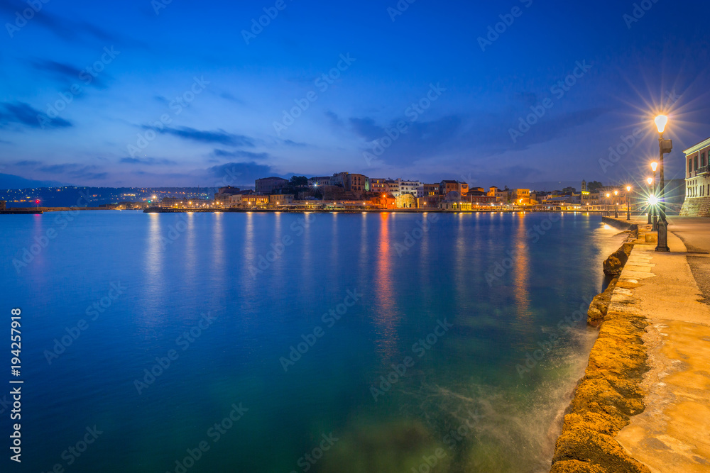 Architecture of Chania at night with Old Venetian port on Crete. Greece