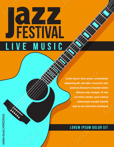 Jazz music concert, poster background template with generic acoustic guitar. Flyer design 