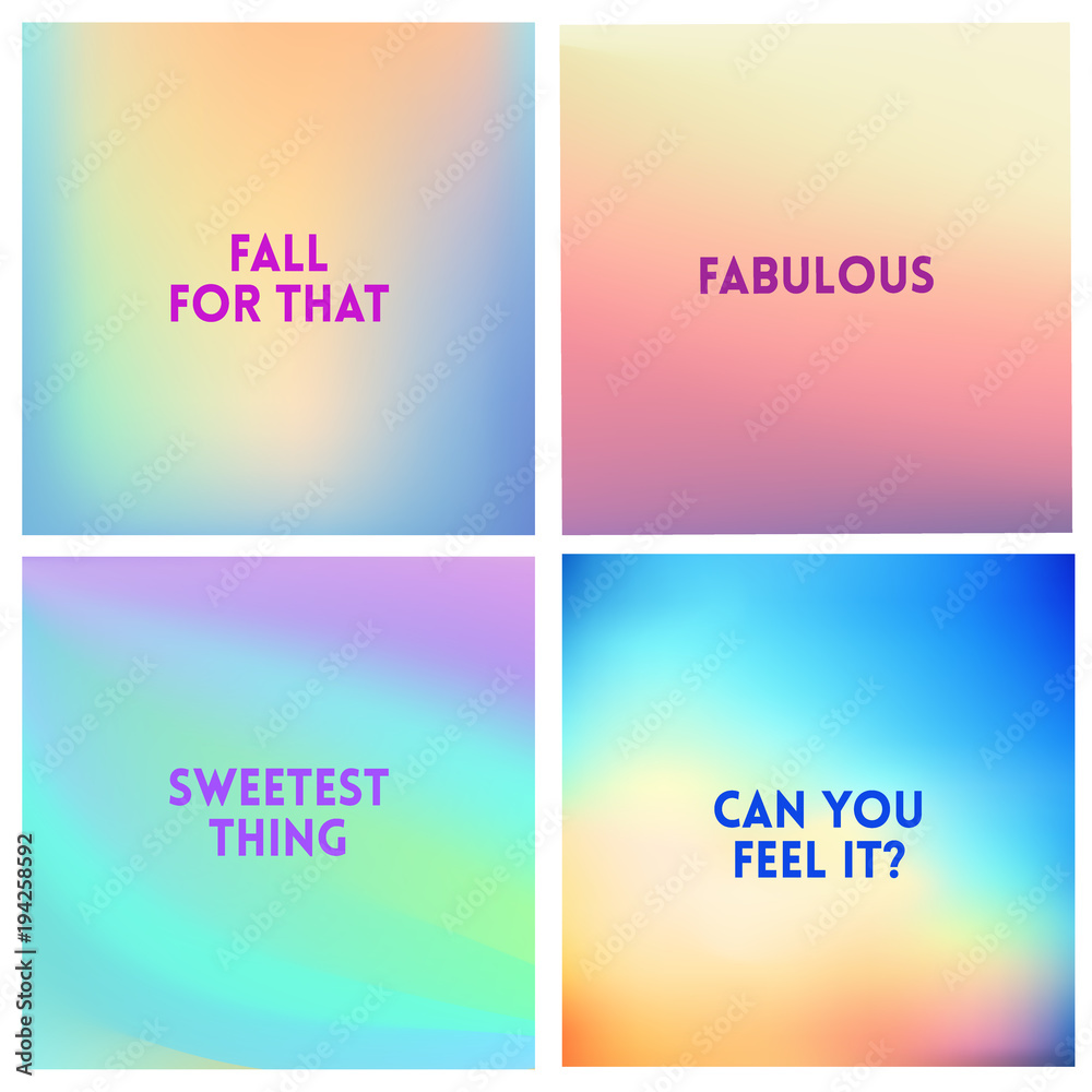 Abstract vector multicolored blurred background set. 4 colors set. Square blurred pink backgrounds set - sky clouds sea ocean beach colors With love quotes