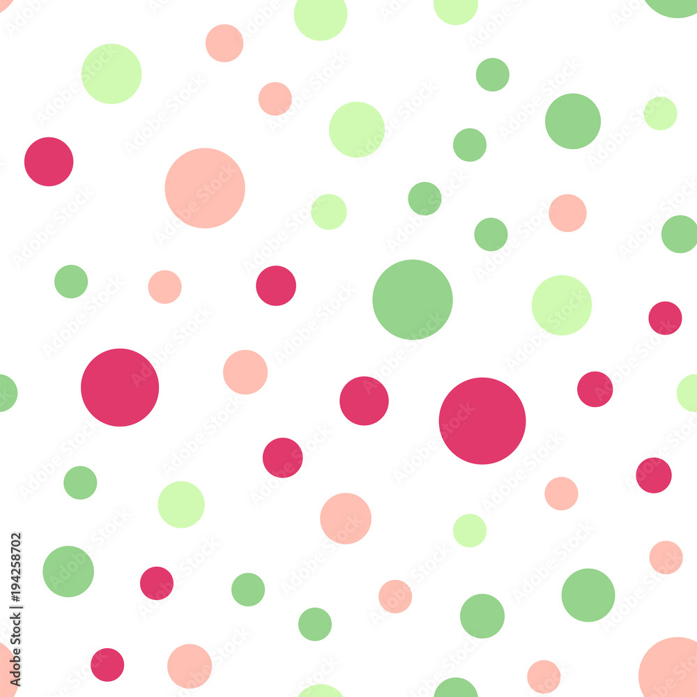 Colorful polka dots seamless pattern on white 20 background. Resplendent classic colorful polka dots textile pattern. Seamless scattered confetti fall chaotic decor. Abstract vector illustration.