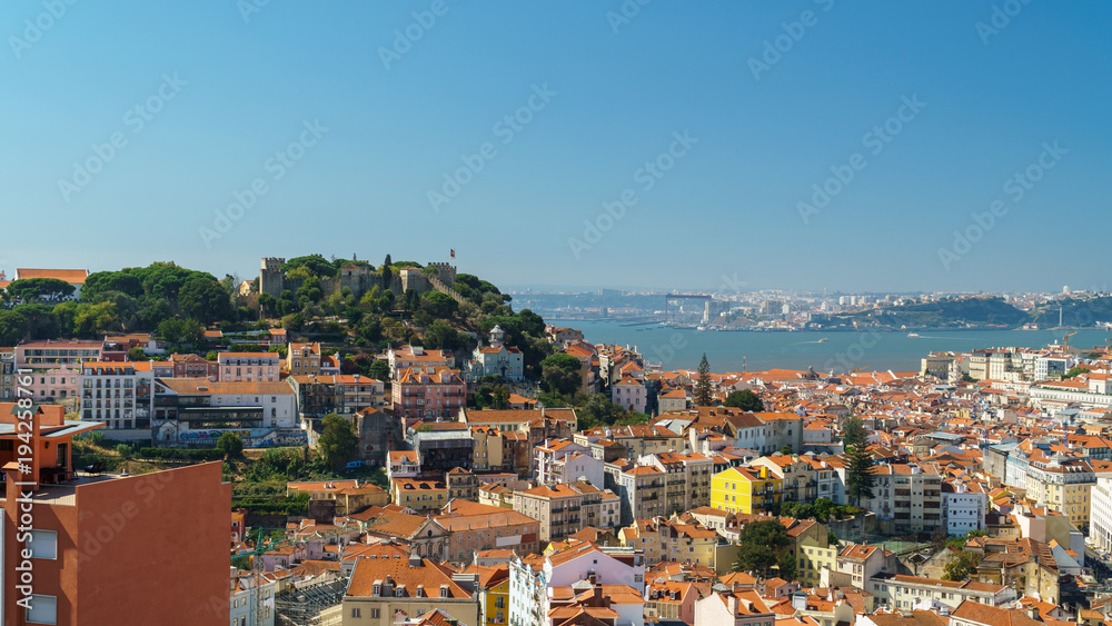 Panoramic View Of Downtown Lisbon Skyline and Castle of Sao Jorge In Portugal
