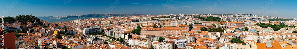 Very Wide Panoramic View Of Downtown Lisbon Skyline Of The Old Historical City In Portugal