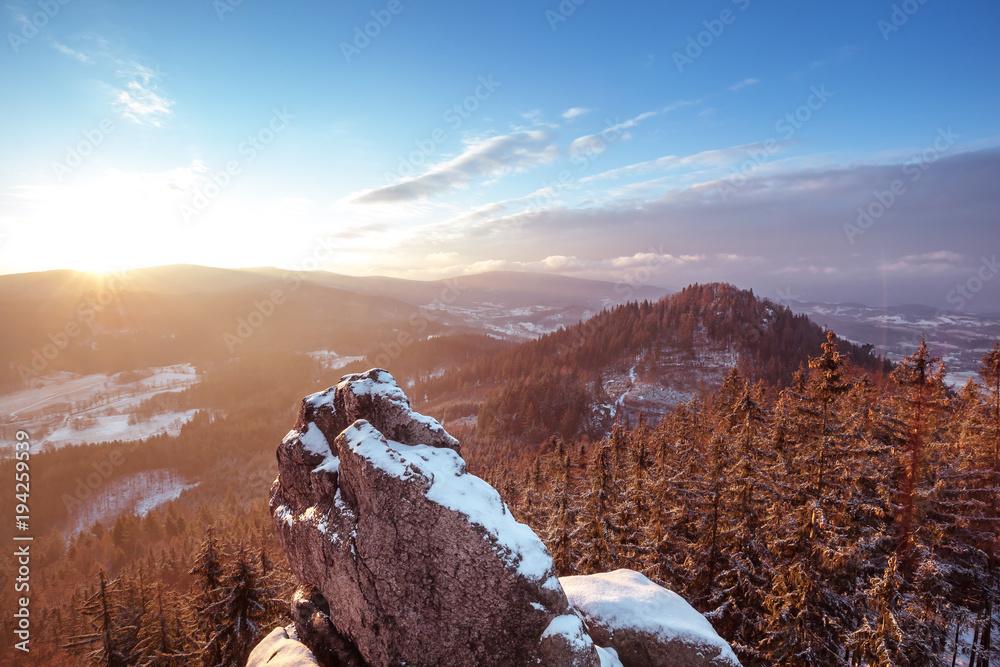 Frosty sunrise in Rudawy Janowickie mountains, Lower Silesia, Poland