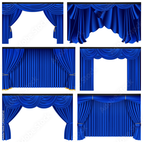 Set of blue luxury curtains and draperies on white background
