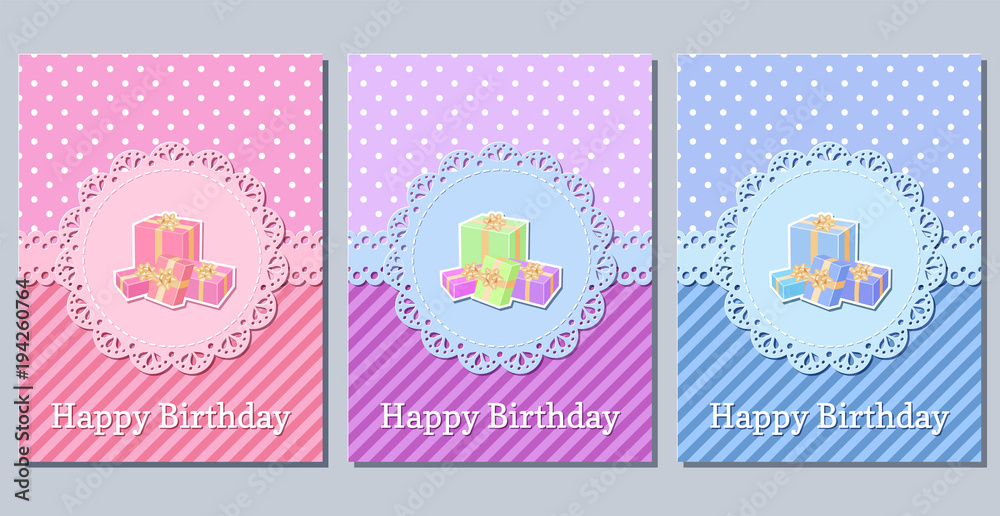 Birthday cards with gift boxes. Set of happy holiday templates. Vector illustration. Invitation decoration retro background. Greeting postcards.