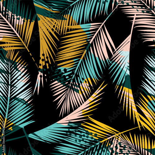 Seamless exotic pattern with tropical plants and artistic background.