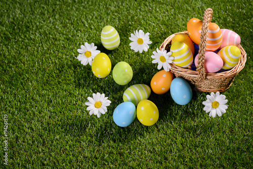above top view of multi colored painted easter eggs on the green grass with springtime daisy flowers