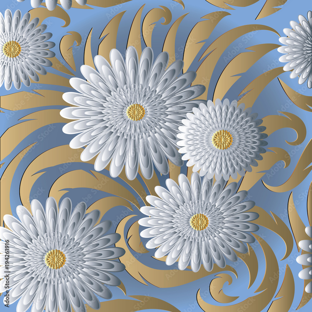 White 3d flowers vector seamless pattern. Light blue floral background  wallpaper with abstract 3d flowers, gold leaves and hand drawn vintage  ornaments. Textured design for fabric, textile, prints Stock Vector | Adobe