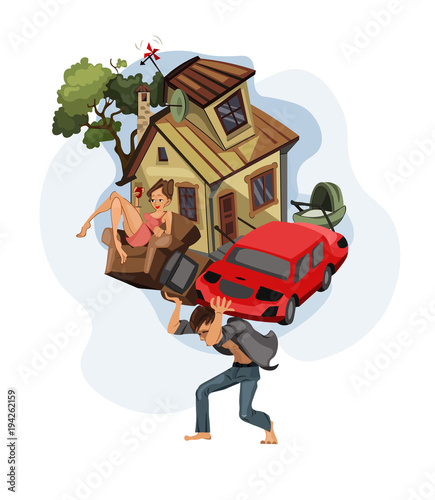 Man carrying a house and car on his back Vector cartoon illustration. Money, work, dept, Credit history concepts