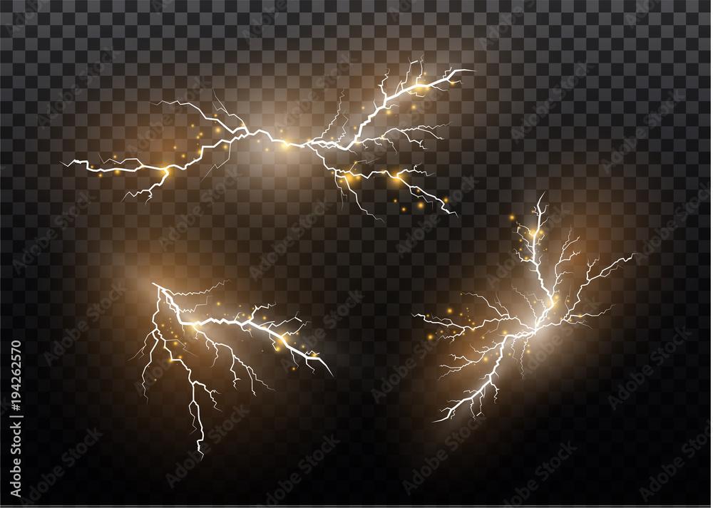 A set of lightning Magic and bright light effects. Vector illustration. Discharge electric current. Charge current. Natural phenomena. Energy effect illustration. Bright light flare and sparks