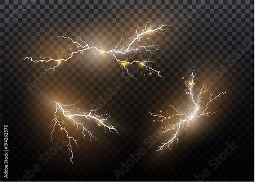 A set of lightning Magic and bright light effects. Vector illustration. Discharge electric current. Charge current. Natural phenomena. Energy effect illustration. Bright light flare and sparks