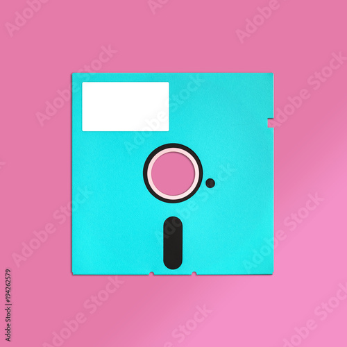 Floppy disk 5.25 Inch nostalgia, isolated and presented in punchy pastel colors with blank white customizable label, for creative design cover, CD, poster, book, gift card, flyer, web & print