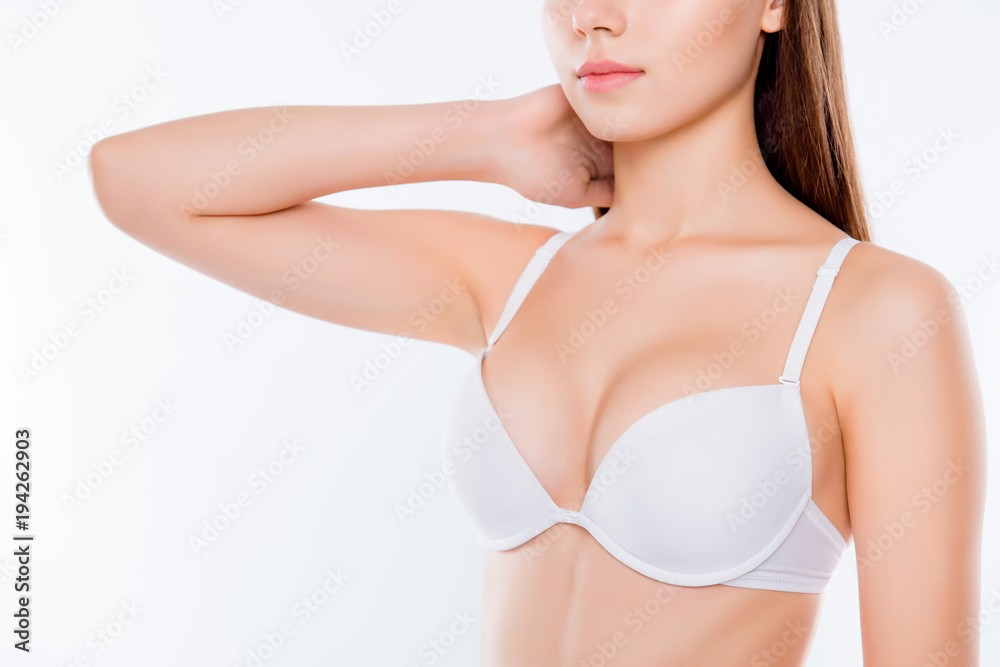 small breasts in white bra Stock Photo