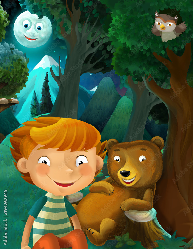 Fototapeta sceny kreskówki z dzikich zwierząt niedźwiedź sowa i chłopiec odpoczynku w lesie - ilustracja dla dzieci