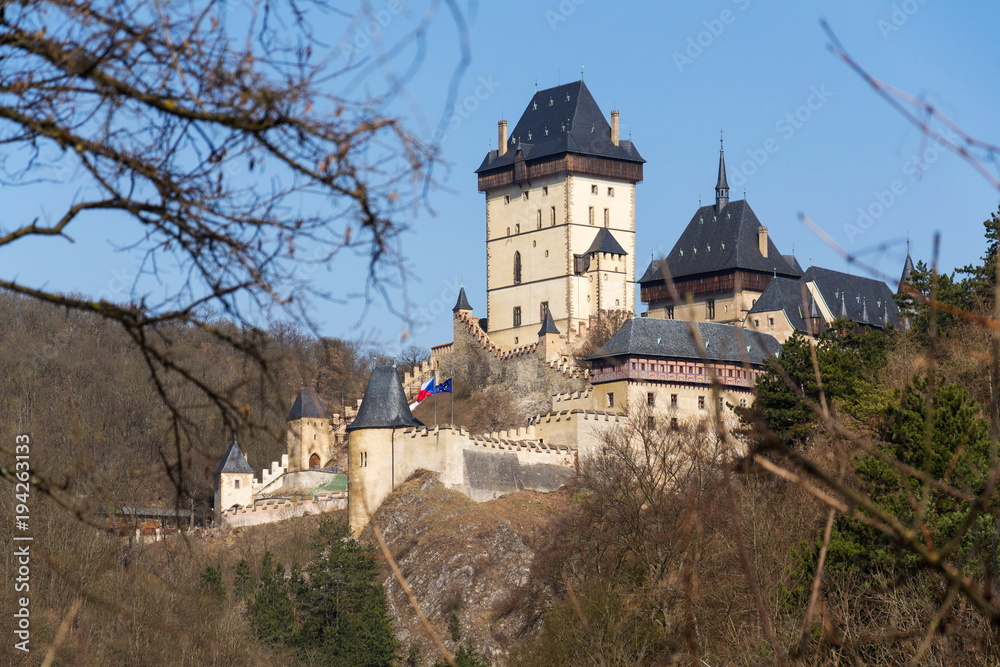 Gothic castle Karlstejn founded by Charles IV, Holy Roman Emperor and King of Bohemia, Bohemia, Czech Republic on a sunny spring day